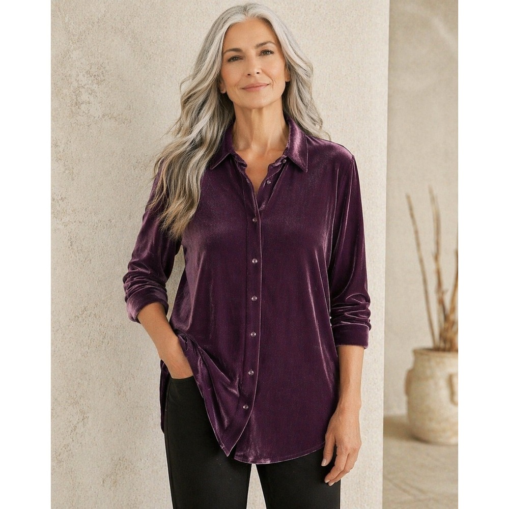 Soft Surroundings Velvet Shirt Women Large Purple Button Down Long Sleeve Luxe